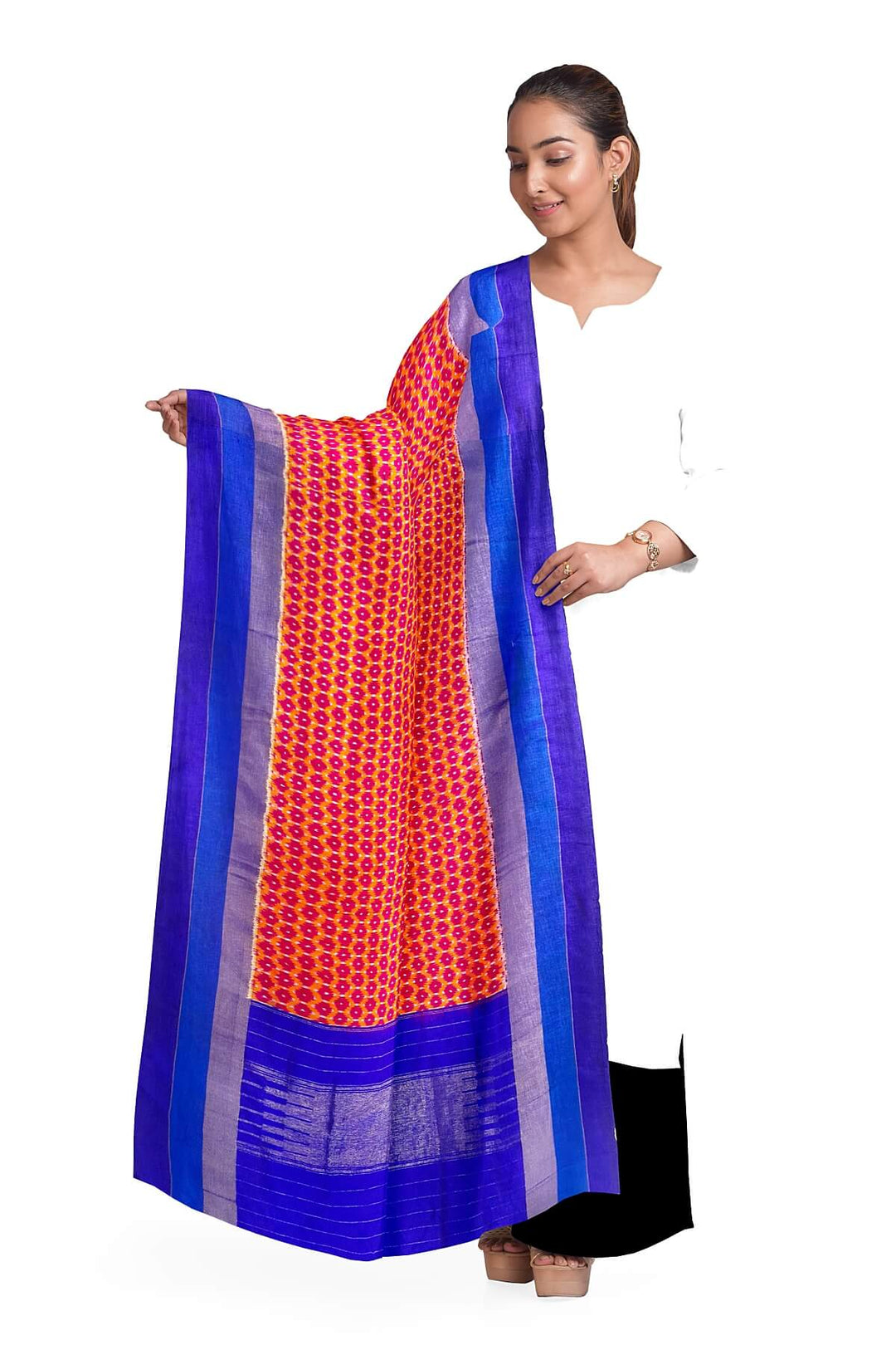 Handwoven Ikat pure silk dupatta in red with small motifs and blue pallu