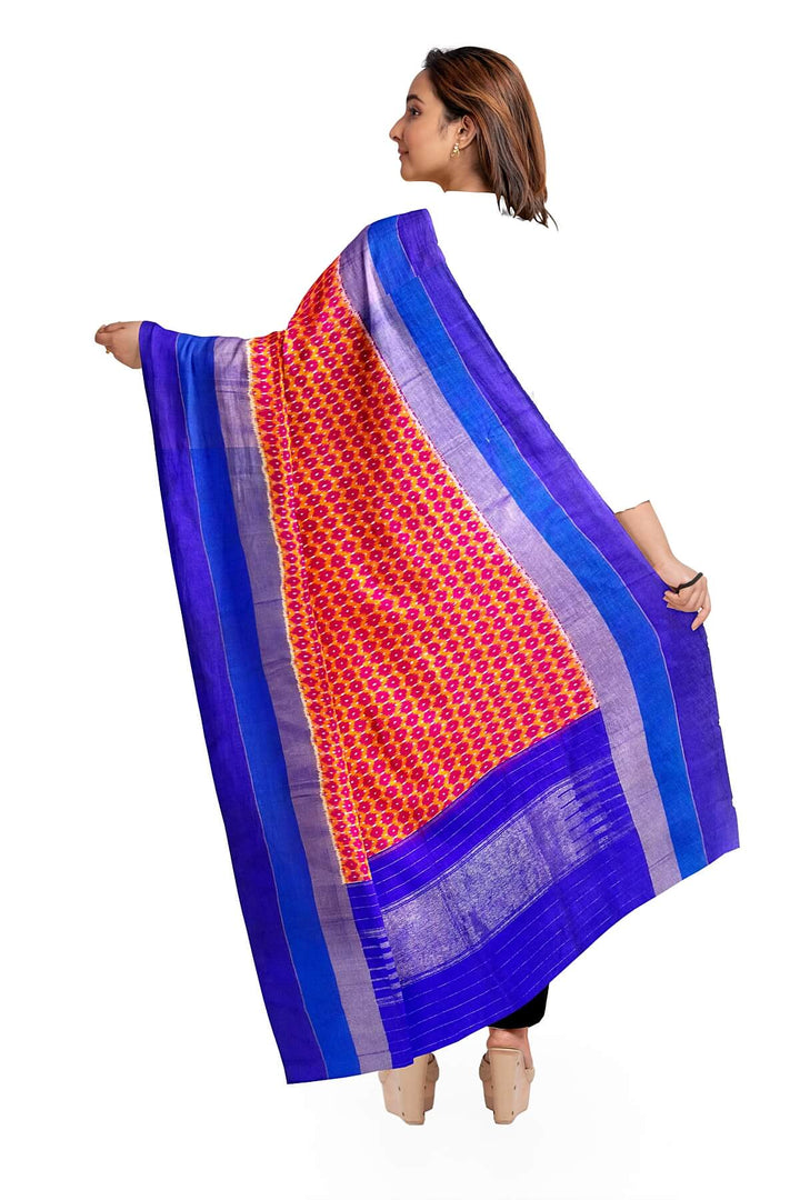 Handwoven Ikat pure silk dupatta in red with small motifs and blue pallu