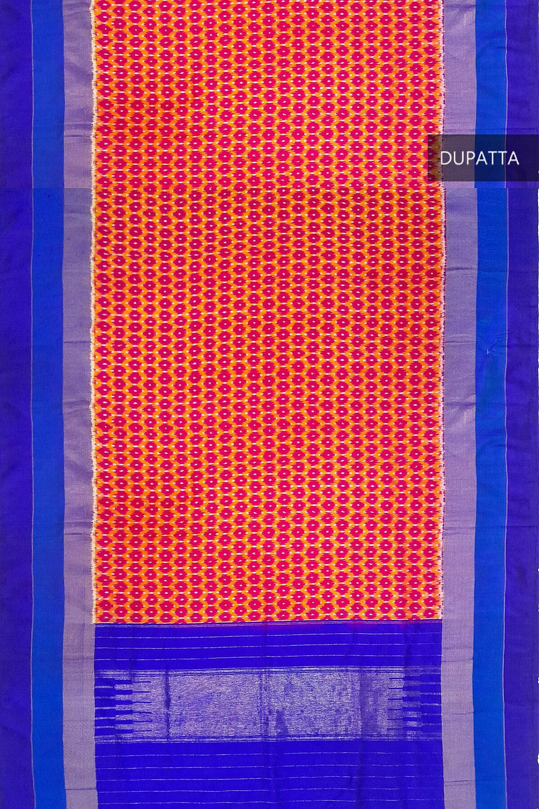 Handwoven Ikat pure silk dupatta in red with small motifs and blue pallu