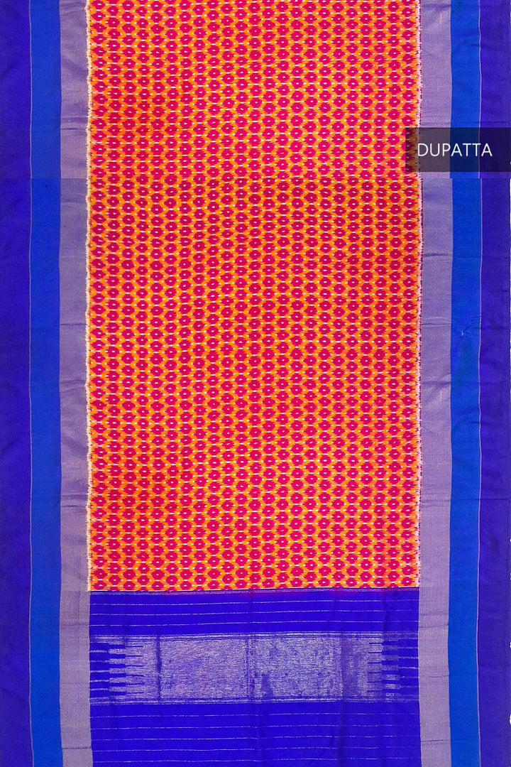 Handwoven Ikat pure silk dupatta in red with small motifs and blue pallu