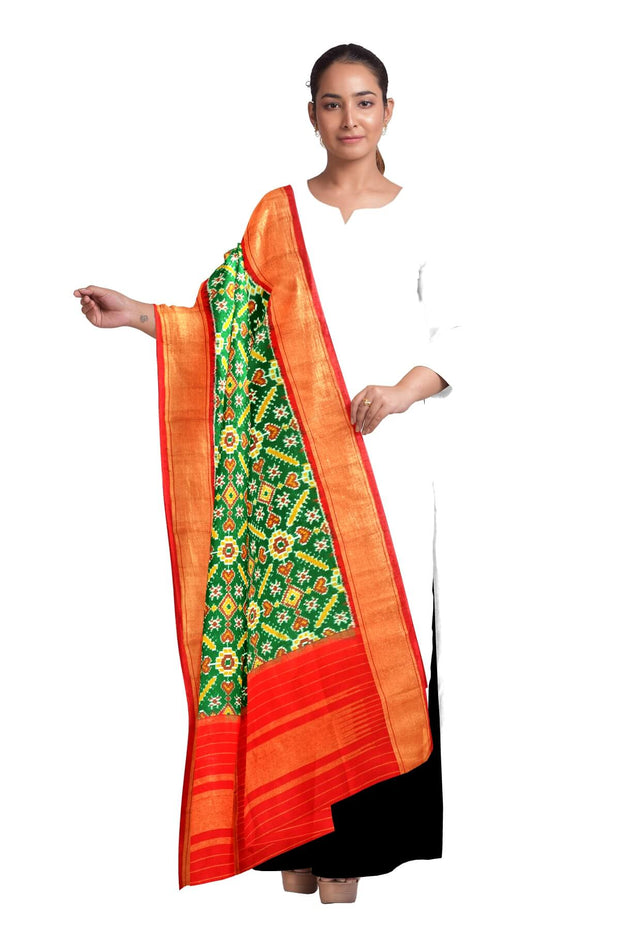 Handwoven Ikkat pure silk dupatta in green in pan patola pattern