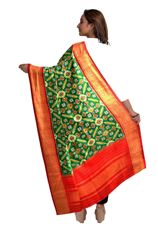 Ikkat pure silk dupatta in green in pan patola pattern