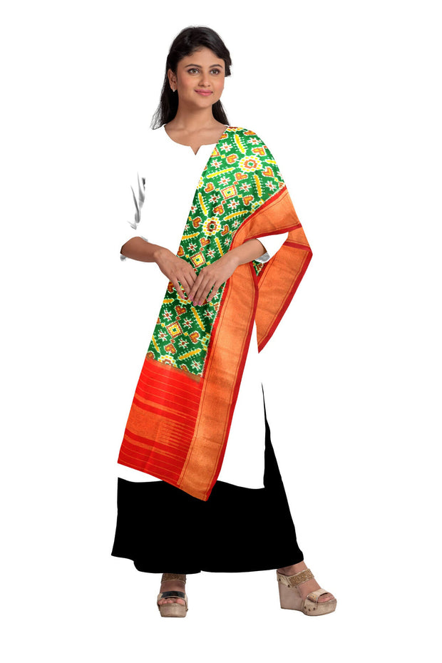 Handwoven Ikkat pure silk dupatta in green in pan patola pattern