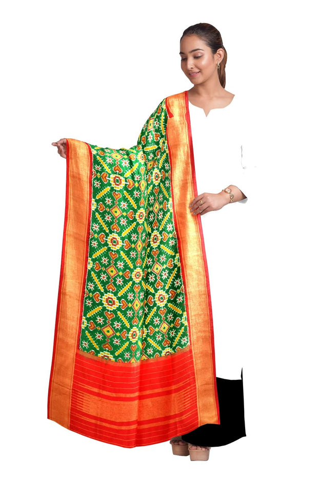 Ikkat pure silk dupatta in green in pan patola pattern