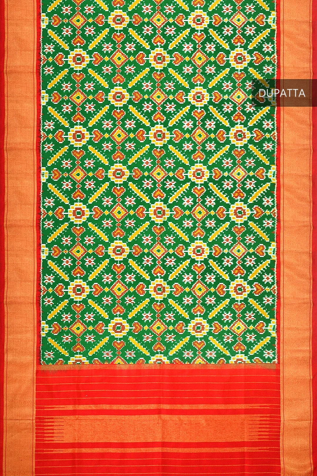 Handwoven Ikkat pure silk dupatta in green in pan patola pattern