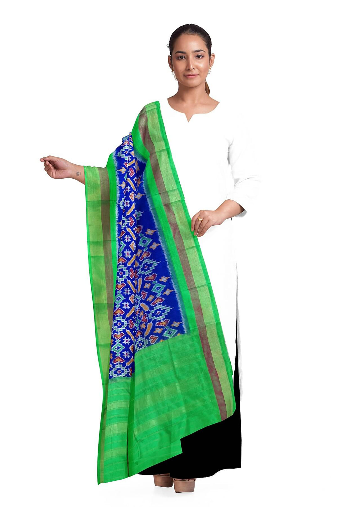 Handwoven Ikat pure silk dupatta in blue in pan bhat pattern