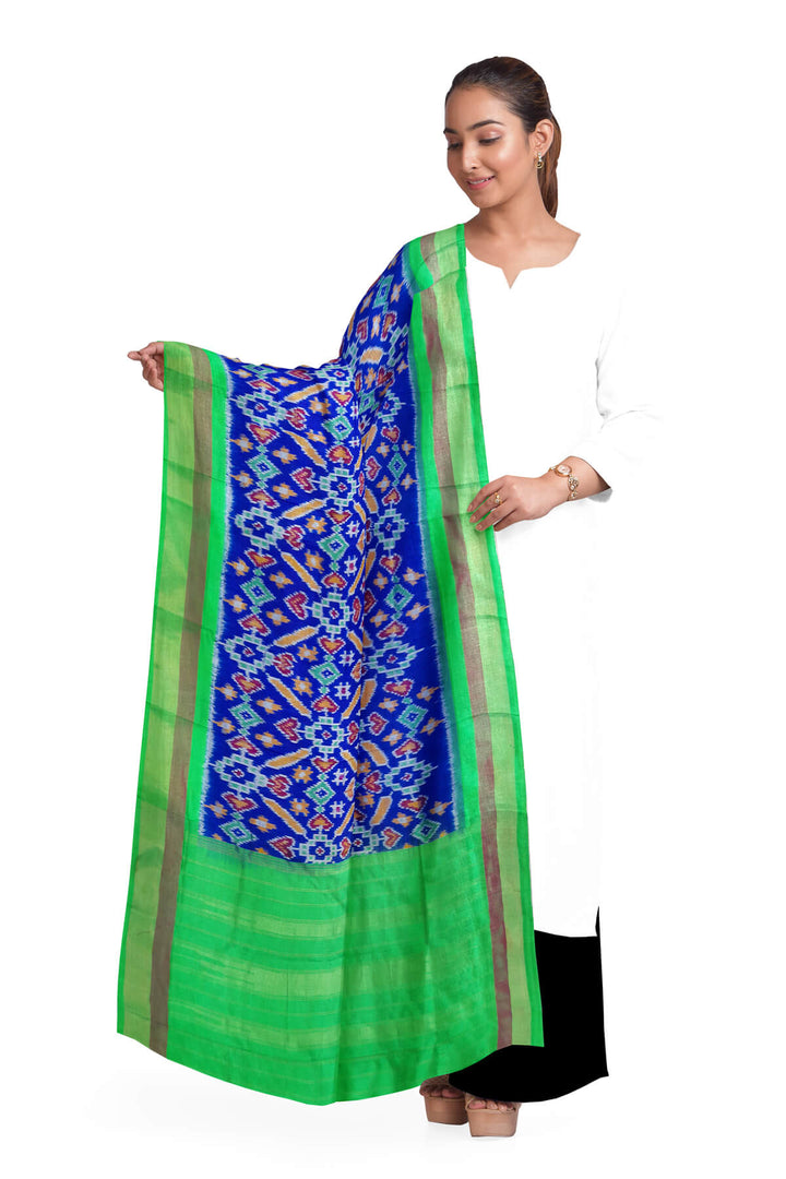 Handwoven Ikat pure silk dupatta in blue in pan bhat pattern