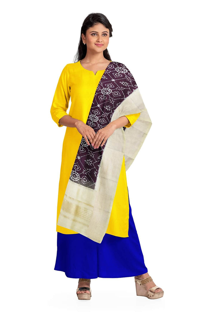 Handwoven Ikat pure silk dupatta in dark purple in pan bhat pattern