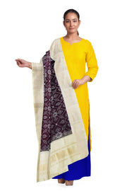 Handwoven Ikat pure silk dupatta in dark purple in pan bhat pattern