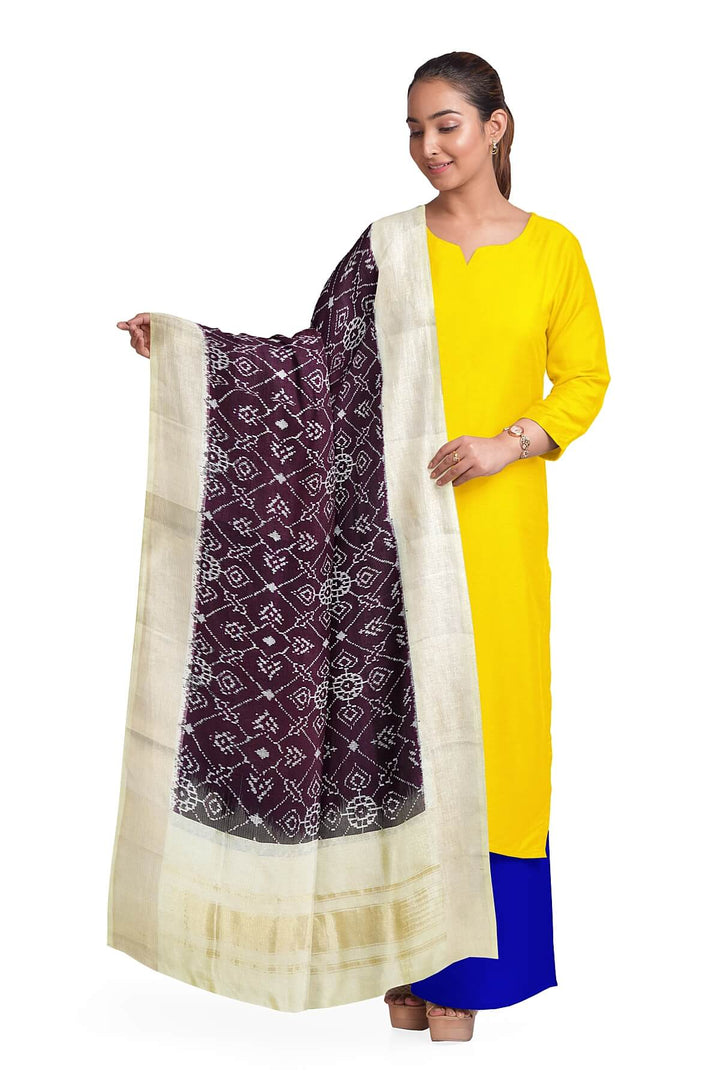 Handwoven Ikat pure silk dupatta in dark purple in pan bhat pattern