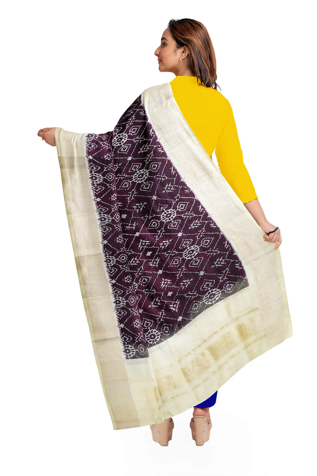 Handwoven Ikat pure silk dupatta in dark purple in pan bhat pattern