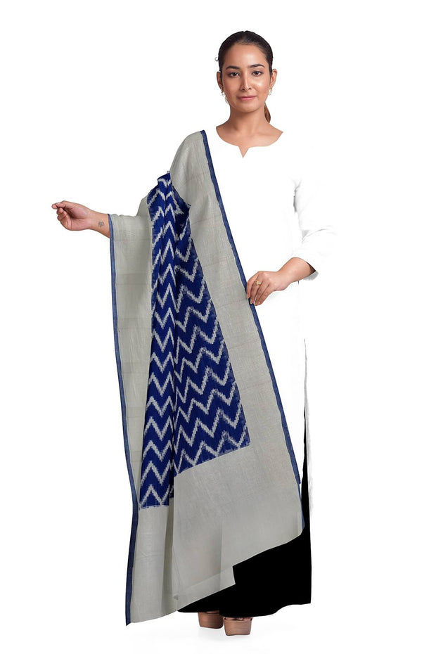 Handloom ikat  pure cotton  dupatta in dark blue and zigzag pattern