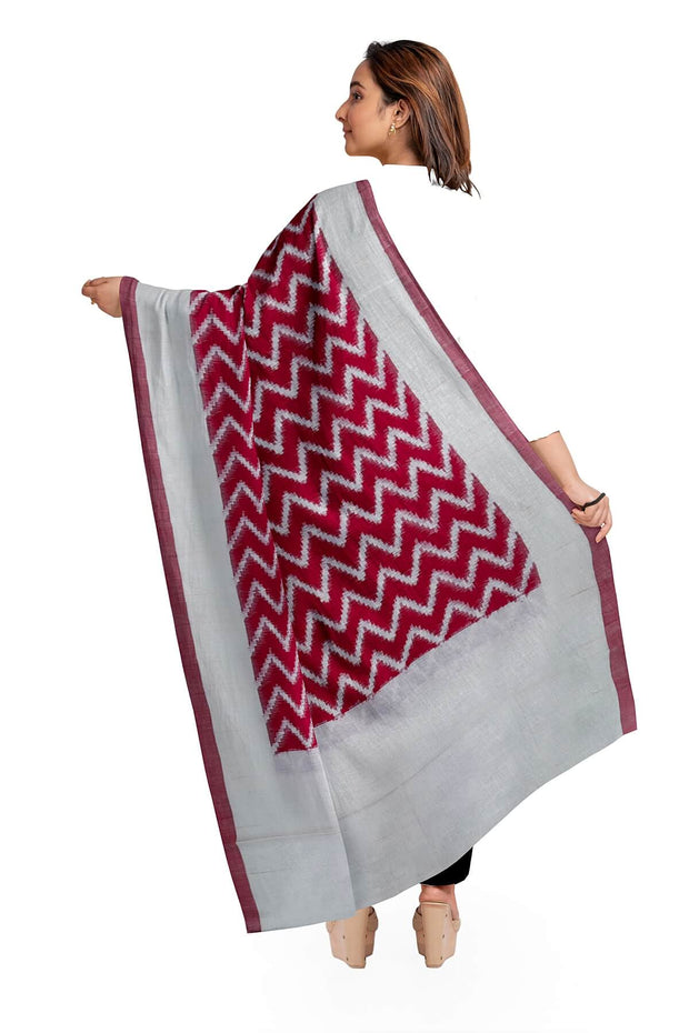 Handloom ikat  pure cotton  dupatta in dark red in  zig zag pattern