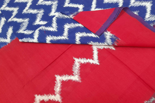 Handloom ikat  pure cotton  dupatta in blue zig zag pattern and red borders