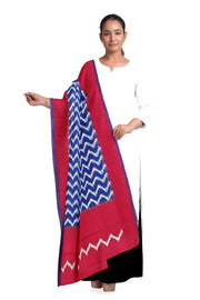 Handloom ikat  pure cotton  dupatta in blue zig zag pattern and red borders
