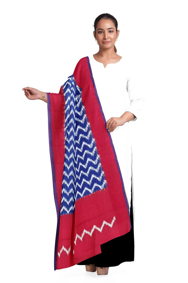 Handloom ikat  pure cotton  dupatta in blue zig zag pattern and red borders