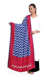 Handloom ikat  pure cotton  dupatta in blue zig zag pattern and red borders