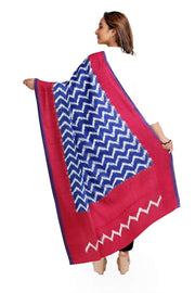 Handloom ikat  pure cotton  dupatta in blue zig zag pattern and red borders
