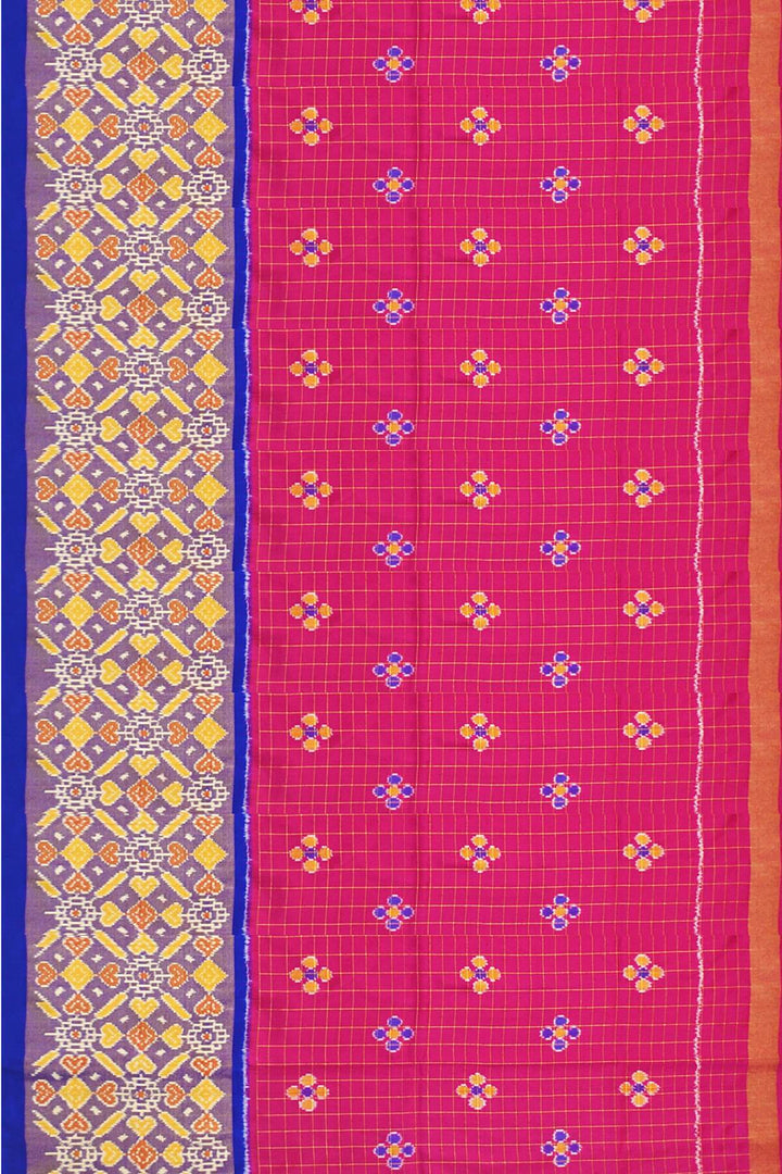 Handwoven Ikat pure silk unstitched lehenga material  in pink checks  &  blue blouse