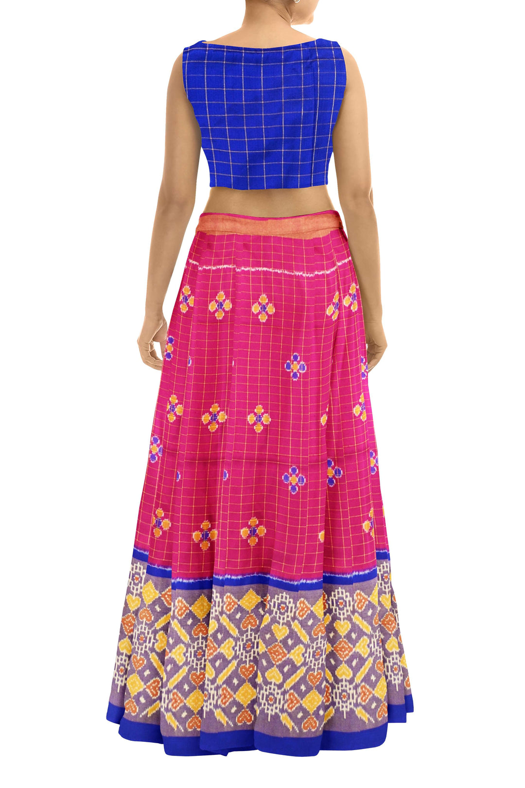 Handwoven Ikat pure silk unstitched lehenga material  in pink checks  &  blue blouse