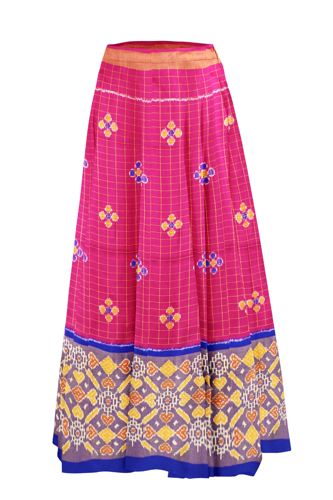 Handwoven Ikat pure silk unstitched lehenga material  in pink checks  &  blue blouse
