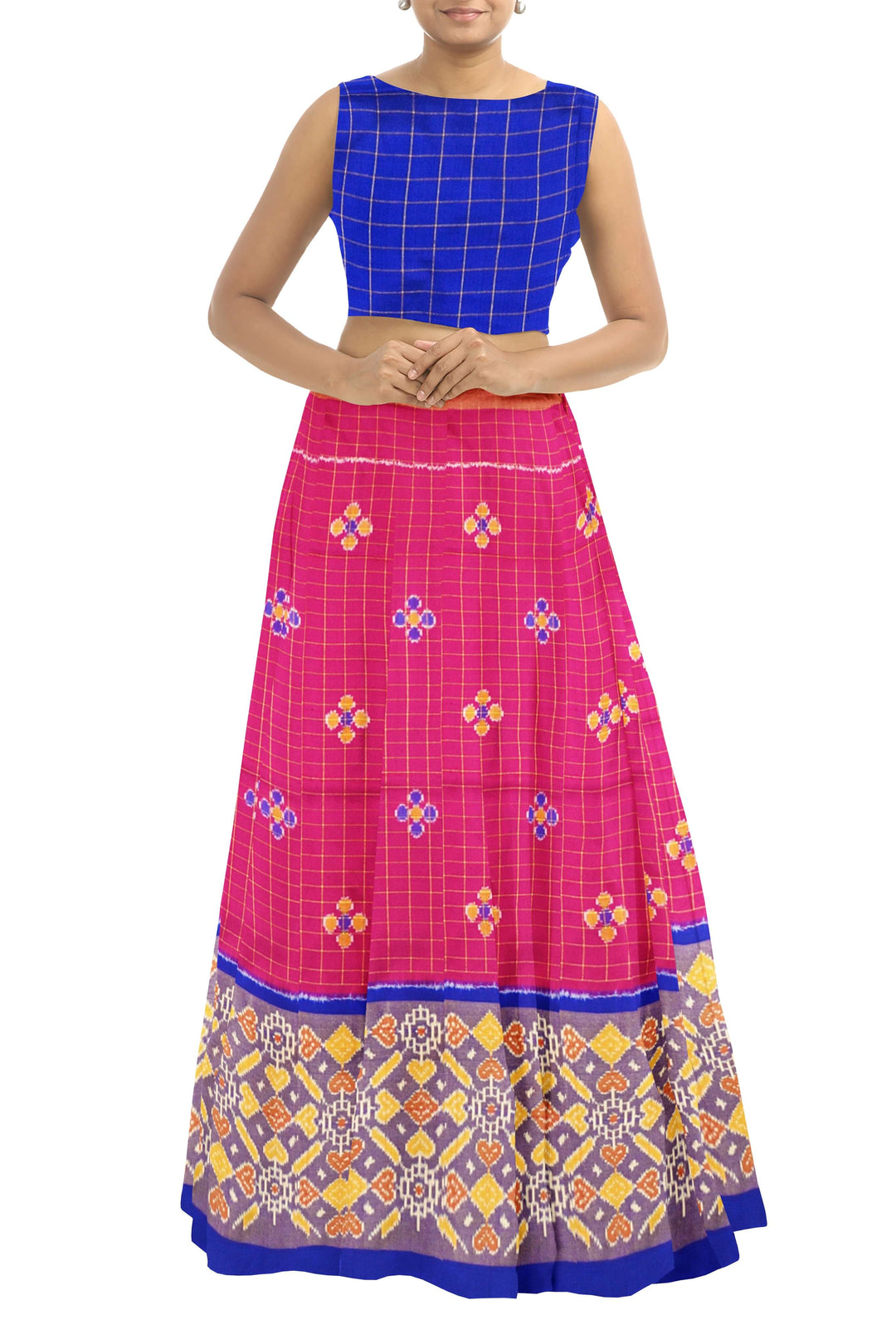 Handwoven Ikat pure silk unstitched lehenga material  in pink checks  &  blue blouse