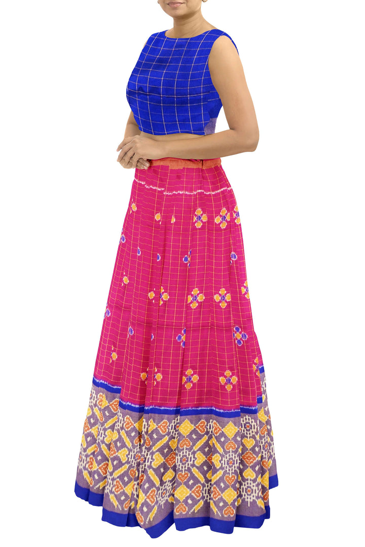 Handwoven Ikat pure silk unstitched lehenga material  in pink checks  &  blue blouse