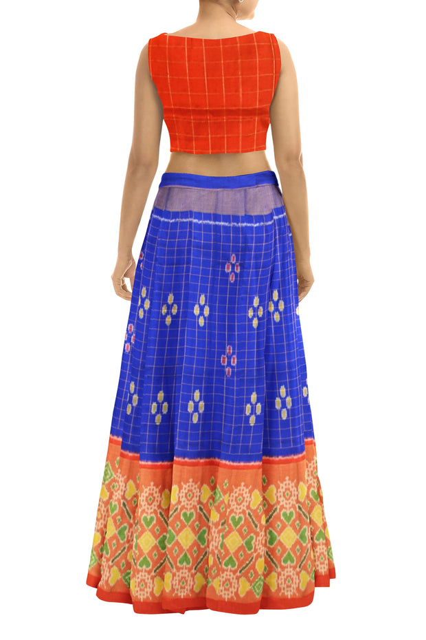 Handwoven Ikat pure silk unstitched lehenga material  in blue checks  &  red blouse
