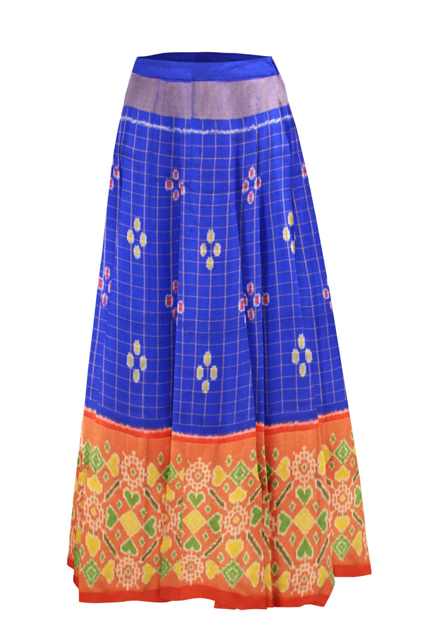 Handwoven Ikat pure silk unstitched lehenga material  in blue checks  &  red blouse