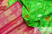 Handwoven Ikat pure silk unstitched lehenga material  in green in narikunj pattern