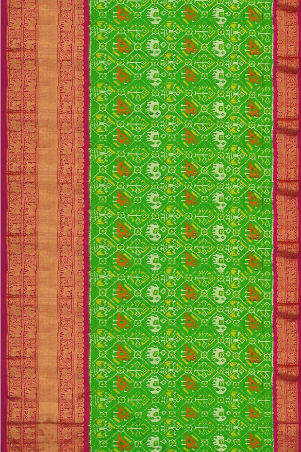 Handwoven Ikat pure silk unstitched lehenga material  in green in narikunj pattern