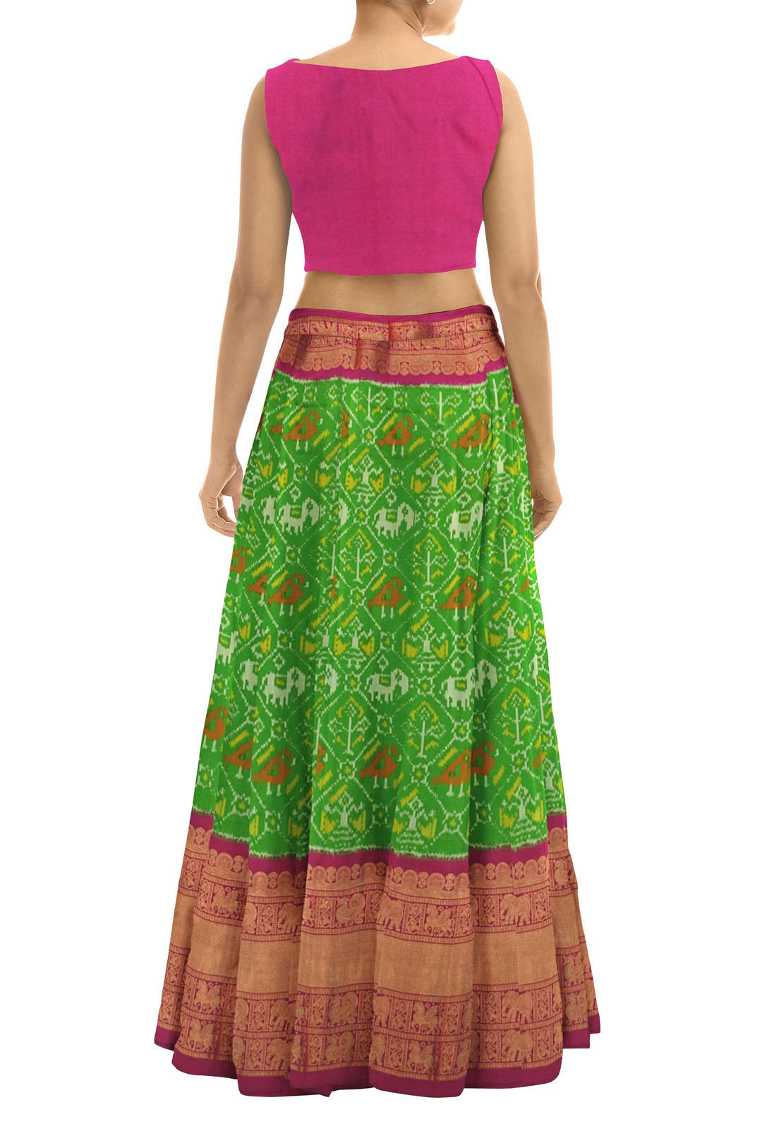 Handwoven Ikat pure silk unstitched lehenga material  in green in narikunj pattern