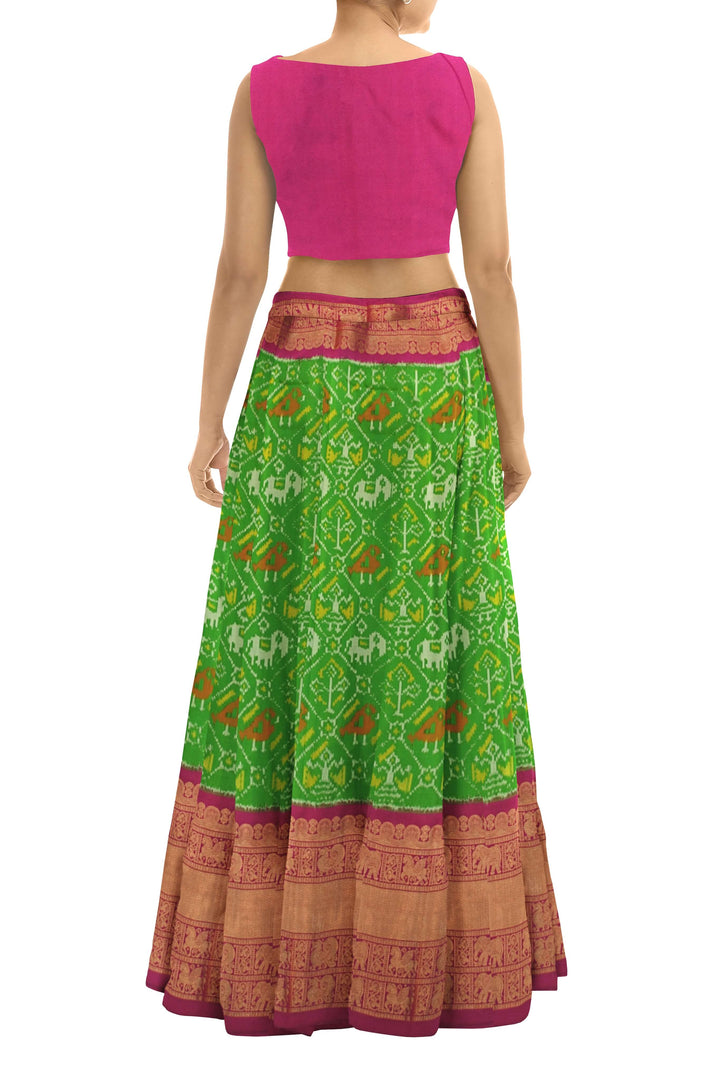 Handwoven Ikat pure silk unstitched lehenga material  in green in narikunj pattern