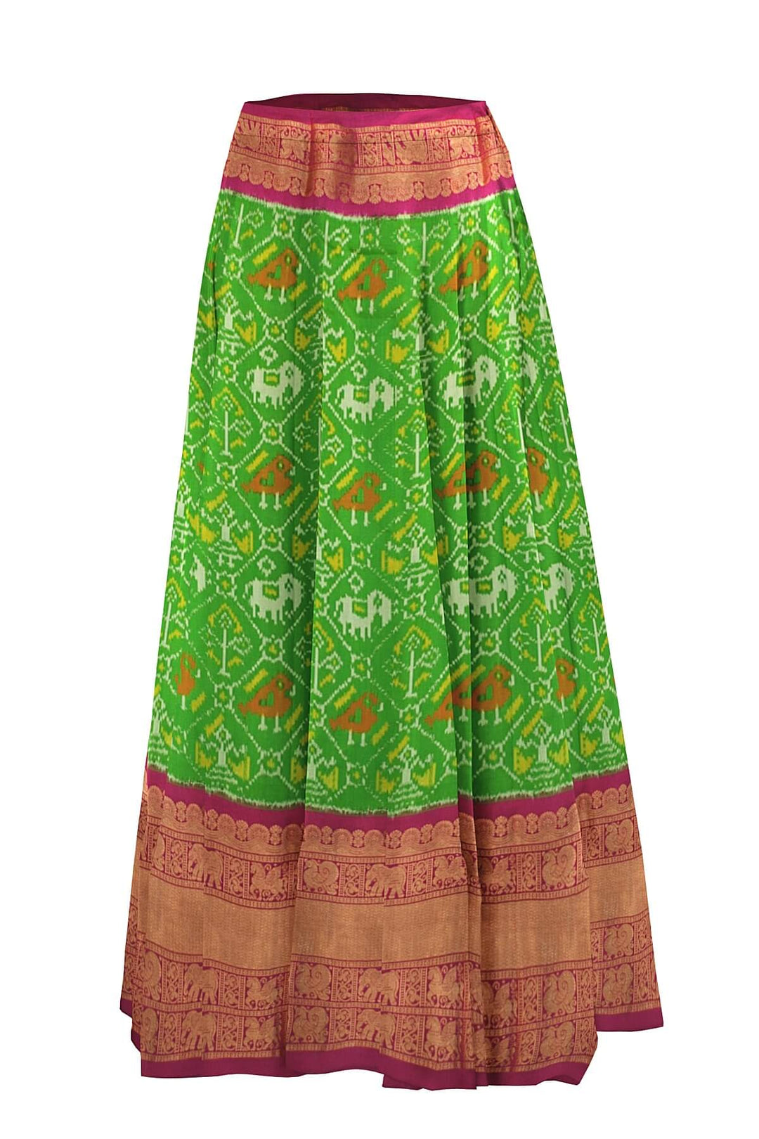 Handwoven Ikat pure silk unstitched lehenga material  in green in narikunj pattern