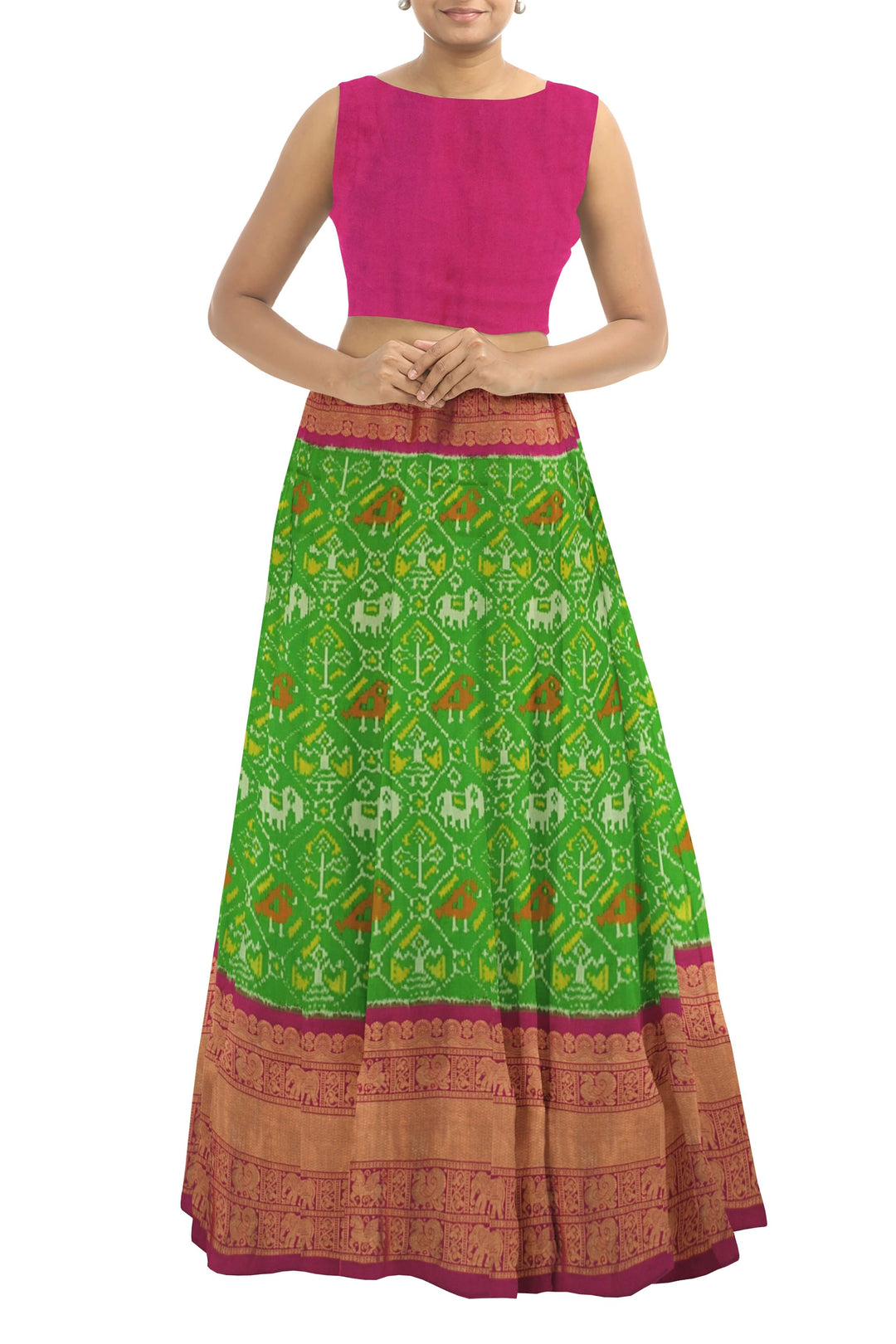 Handwoven Ikat pure silk unstitched lehenga material  in green in narikunj pattern