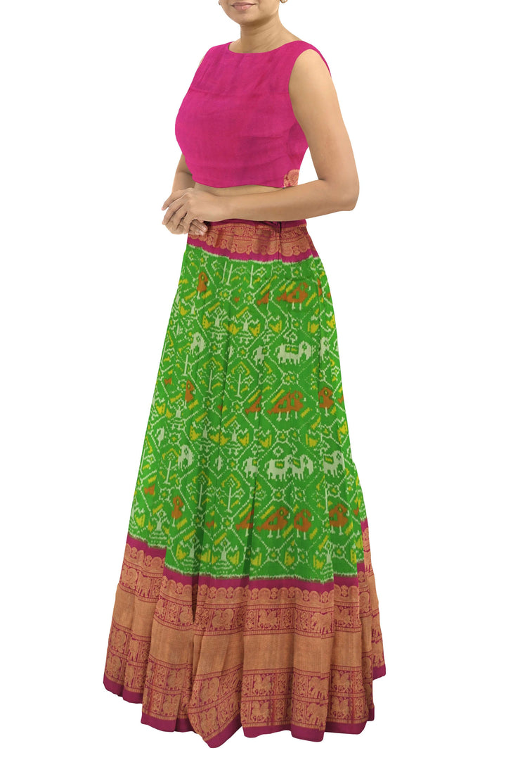 Handwoven Ikat pure silk unstitched lehenga material  in green in narikunj pattern