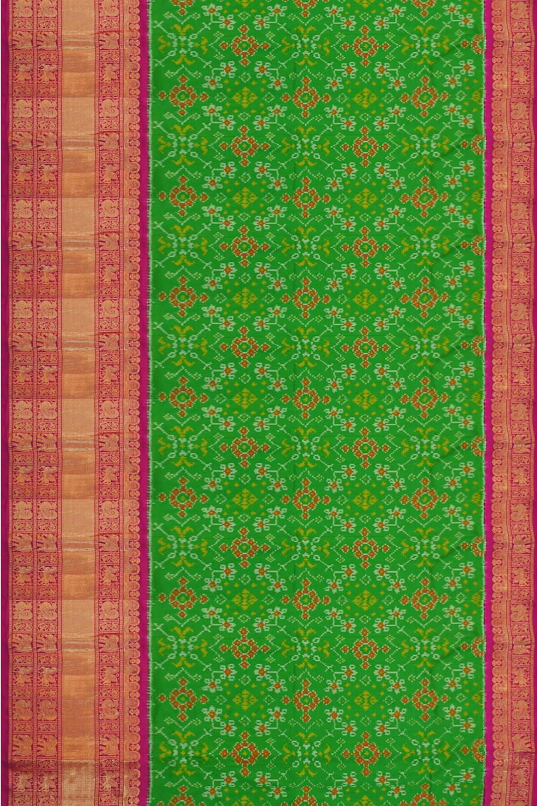 Handwoven Ikat pure silk unstitched lehenga material  in green in navaratan pattern