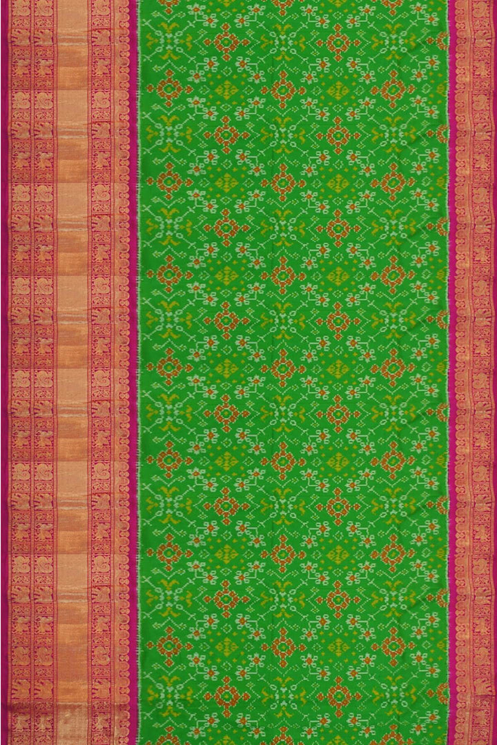 Handwoven Ikat pure silk unstitched lehenga material  in green in navaratan pattern