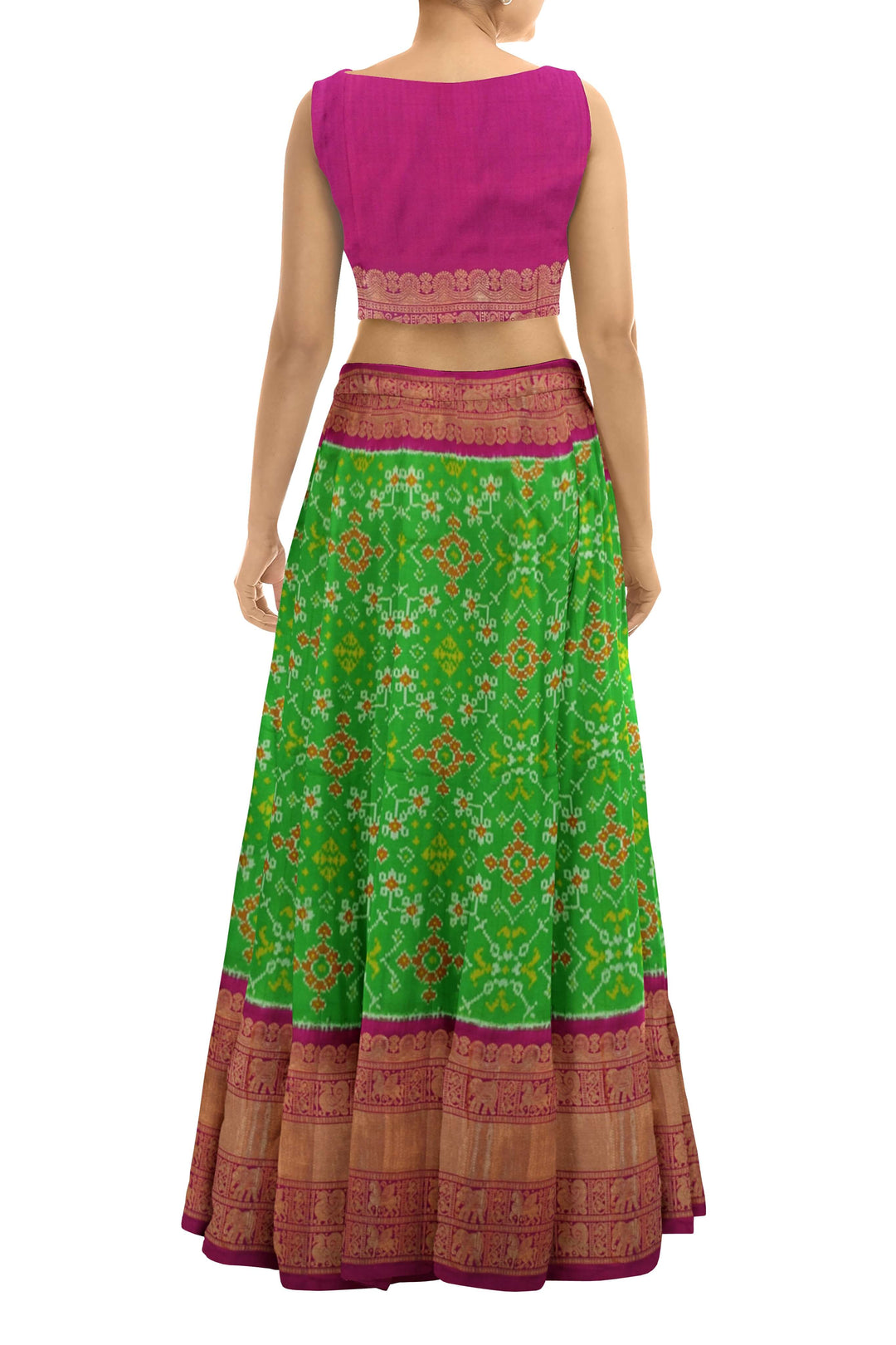 Handwoven Ikat pure silk unstitched lehenga material  in green in navaratan pattern