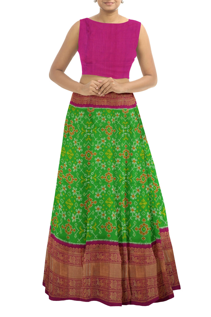 Handwoven Ikat pure silk unstitched lehenga material  in green in navaratan pattern