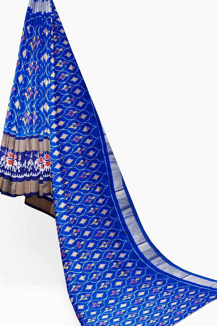 Handwoven Ikat  pure silk unstitched lehenga material in ananda blue  in floral pattern
