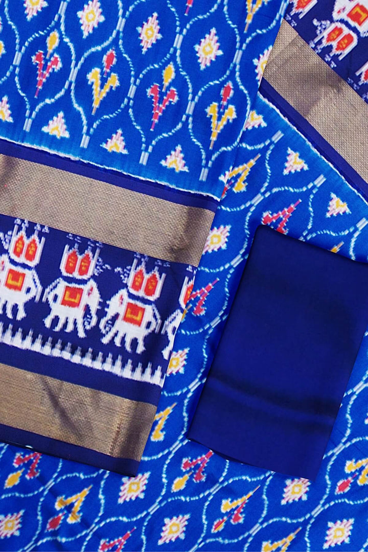 Handwoven Ikat  pure silk unstitched lehenga material in ananda blue  in floral pattern