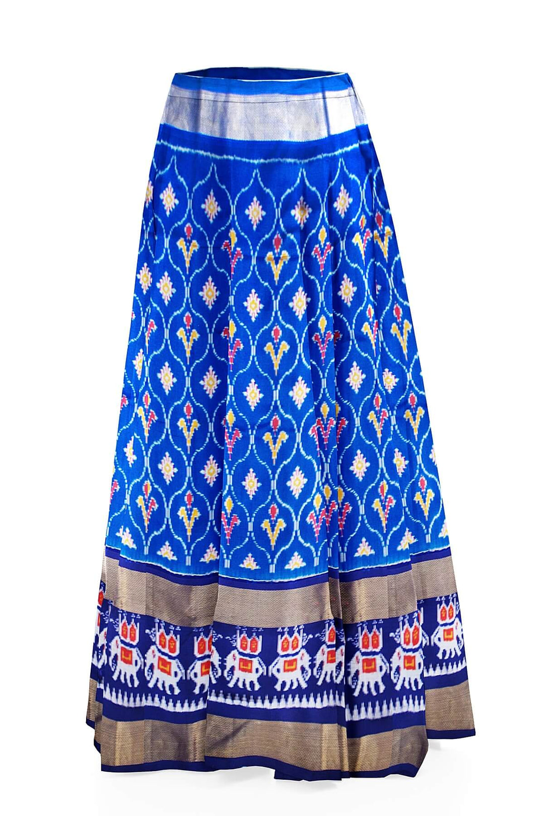Handwoven Ikat  pure silk unstitched lehenga material in ananda blue  in floral pattern