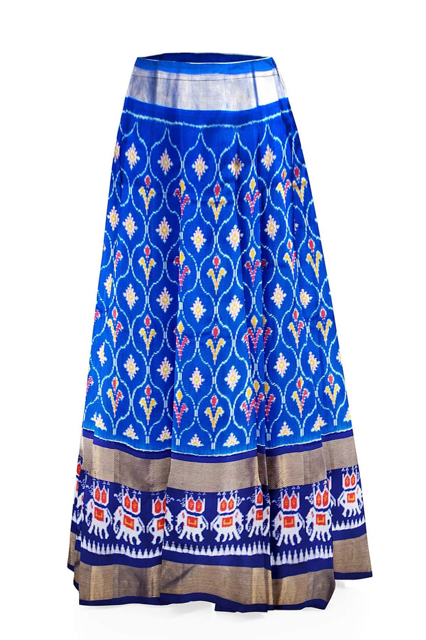 Handwoven Ikat  pure silk unstitched lehenga material in ananda blue  in floral pattern