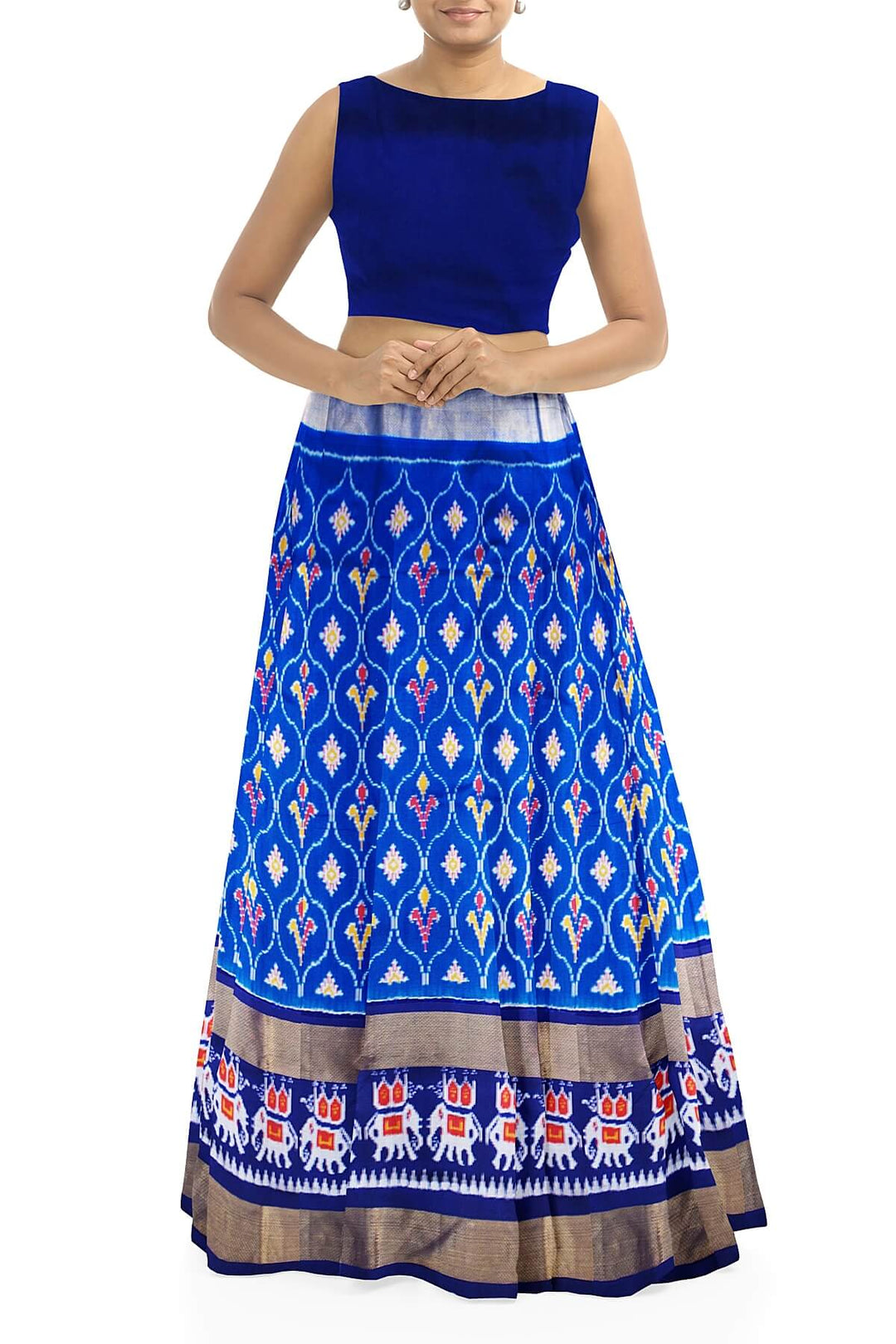 Handwoven Ikat  pure silk unstitched lehenga material in ananda blue  in floral pattern