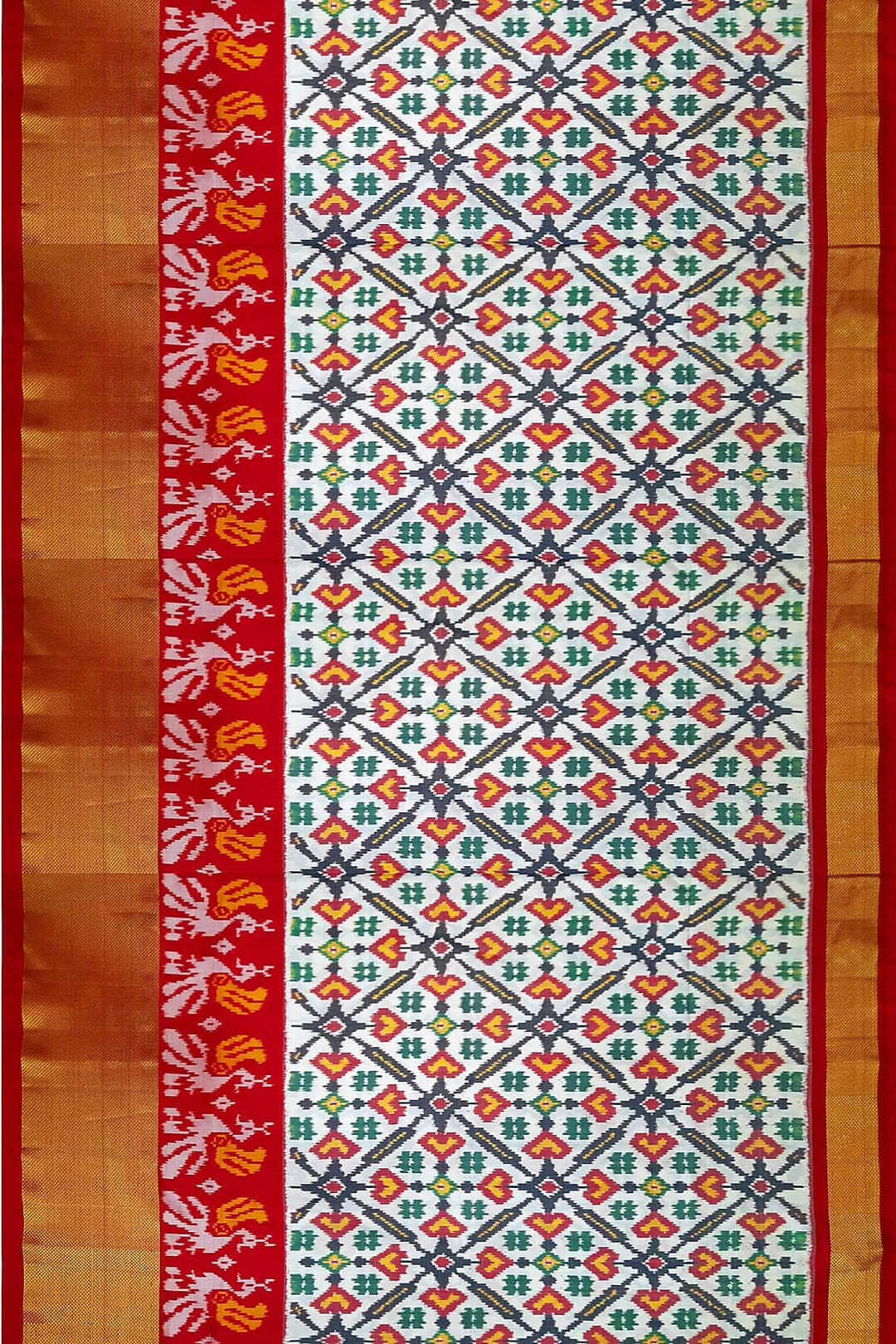 Handwoven Ikat pure silk unstitched lehenga material in off white  in pan bhat pattern