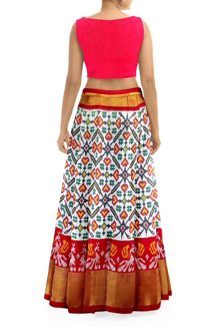 Handwoven Ikat pure silk unstitched lehenga material in off white  in pan bhat pattern