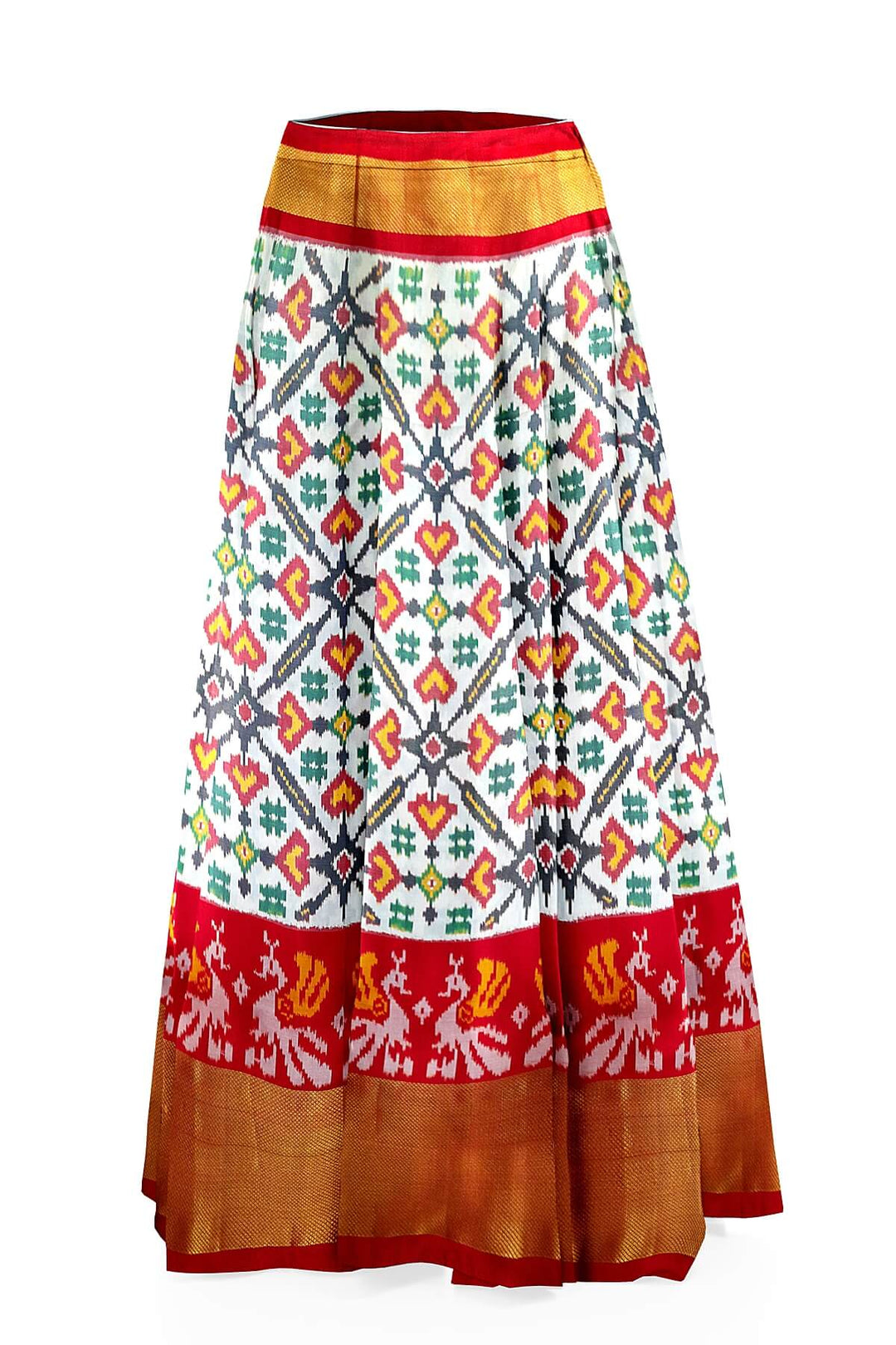 Handwoven Ikat pure silk unstitched lehenga material in off white  in pan bhat pattern