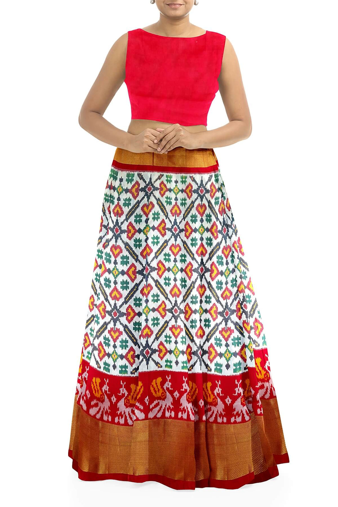 Handwoven Ikat pure silk unstitched lehenga material in off white  in pan bhat pattern