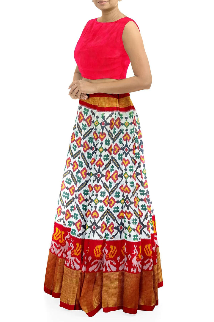 Handwoven Ikat pure silk unstitched lehenga material in off white  in pan bhat pattern